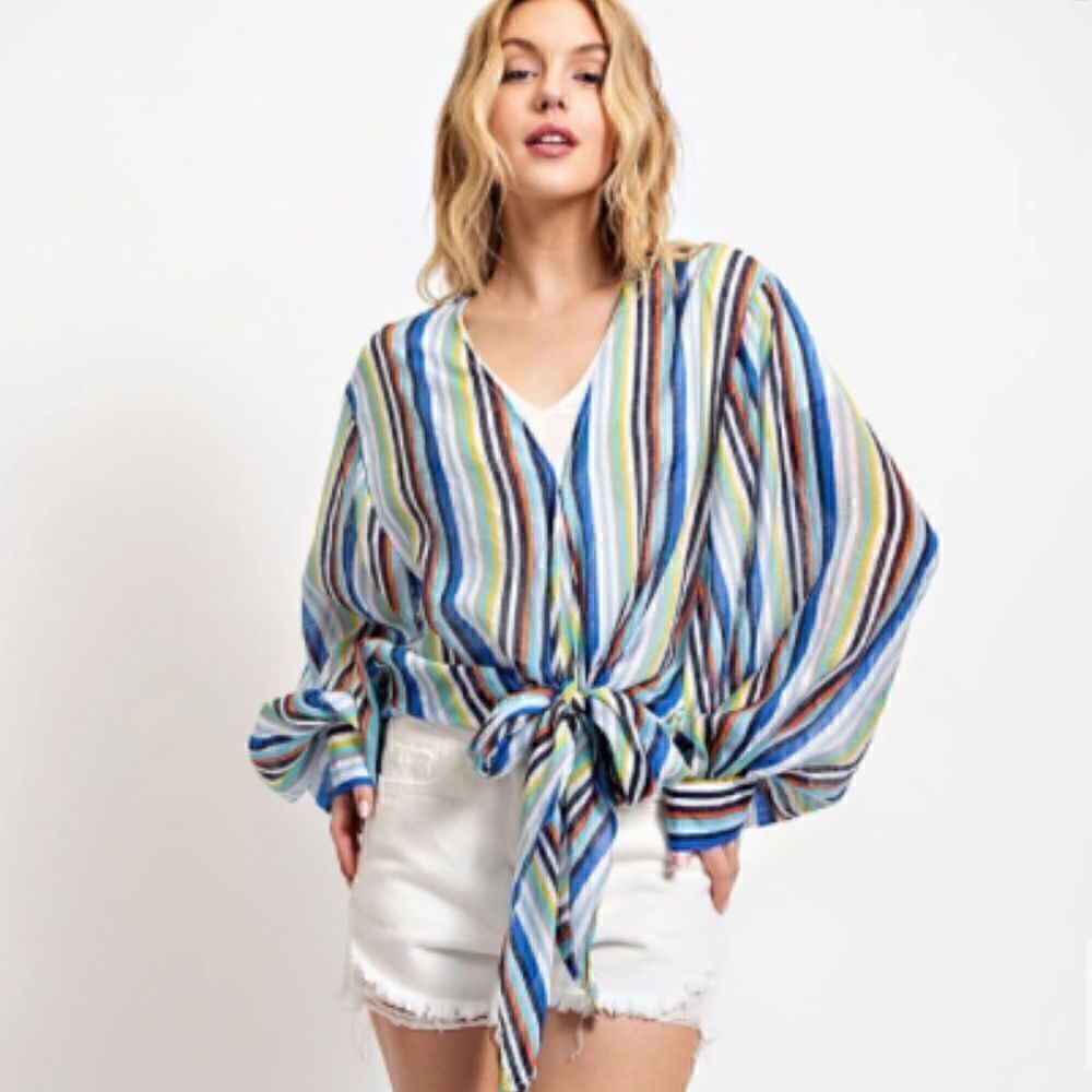 Sweet Blue Striped Front Tie Long Sleeve Shirt with Snap Button Boho Fe…